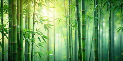 Fototapeta premium Serene Bamboo Forest Sunlit Green Stalks and Lush Foliage Create a Peaceful and Tranquil Atmosphere