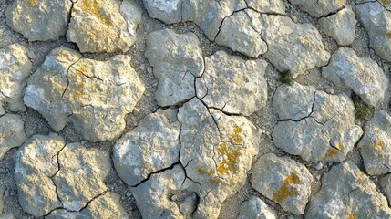 Fototapeta premium Dry cracked earth surface with yellow lichen patches