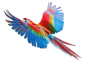 Colorful parrot flying with wide-spread wings, isolated on transparent cutout background