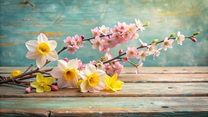 Pastel Spring Blossoms on Rustic Wooden Surface Delicate Daffodils and Peach-Colored Flowers Arranged for a Charming Springtime Still Life
