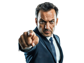 Serious businessman pointing forward with determination, isolated on transparent cutout background