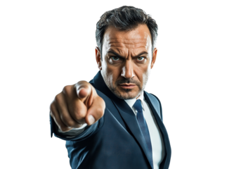 Serious businessman pointing forward with determination, isolated on transparent cutout background