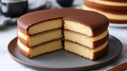 Sliced Creamy Sponge Cake on Plate with Chocolate Topping
