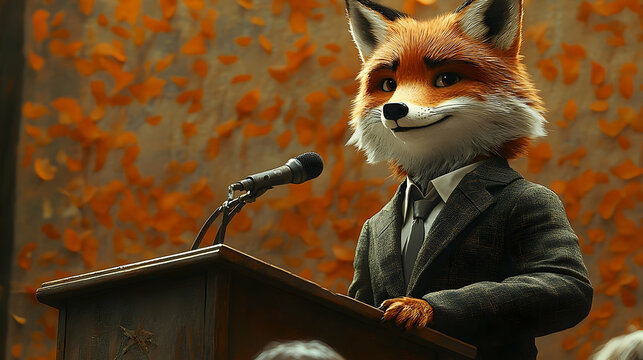 A fox dressed in a blazer, standing at a podium with a microphone, delivering a lecture to an unseen audience
