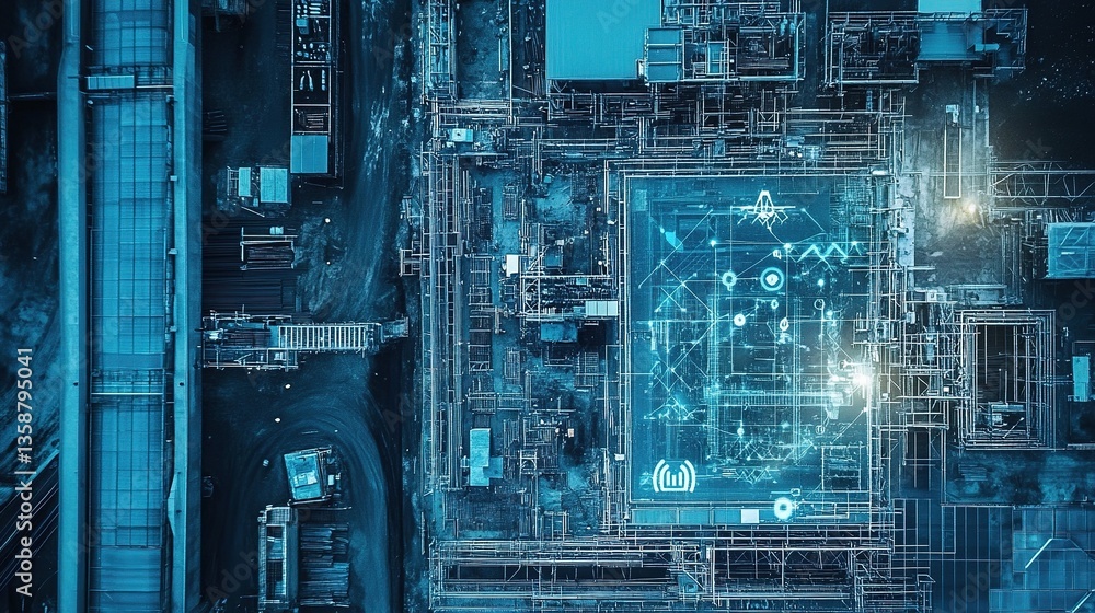 Poster remote monitoring by engineering team at construction site overview