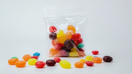 simple transparent ziplock bag with colorful candy on a white background. international candy day 