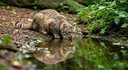 Fototapeta premium Photograph a Himalayan Cat Drinking From a Small, Clear Jungle Stream_