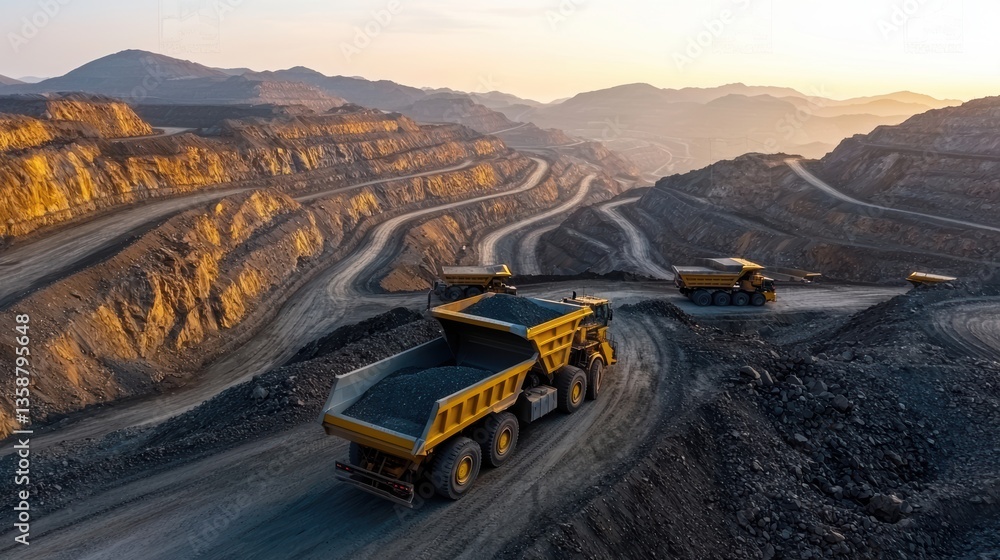 Poster aerial view of heavy duty dump trucks operating in a vast open pit mine during sunset with layers of