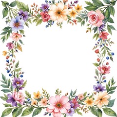 Obraz premium Watercolor Floral Frame with Colorful Flowers and Green Leaves, Floral and leaf card. watercolor design. For banners, posters, invitations and Wishing etc. Ai Generative