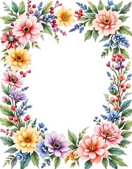 Obraz premium Watercolor Floral Frame with Colorful Flowers and Green Leaves, Floral and leaf card. watercolor design. For banners, posters, invitations and Wishing etc. Ai Generative