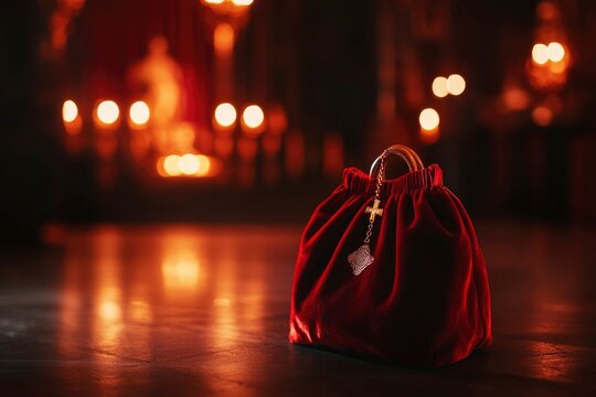 Red velvet purse with cross on church floor with candles. Praying concept