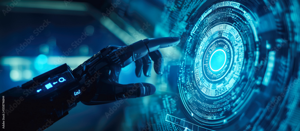 Poster a robot hand points towards a holographic display showcasing cyber security symbols. the intersectio