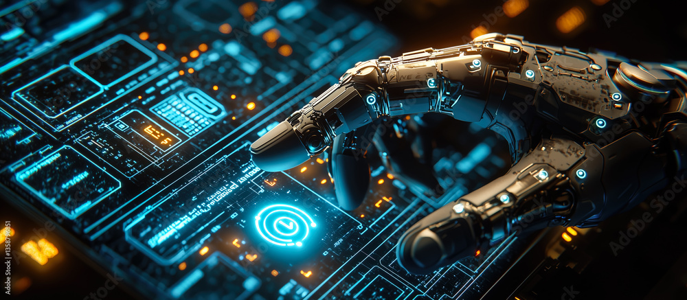 Poster a robot hand points towards a holographic display showcasing cyber security symbols. the intersectio