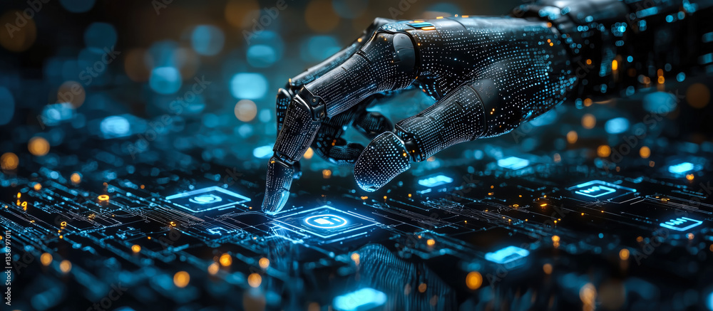 Poster a robot hand points towards a holographic display showcasing cyber security symbols. the intersectio