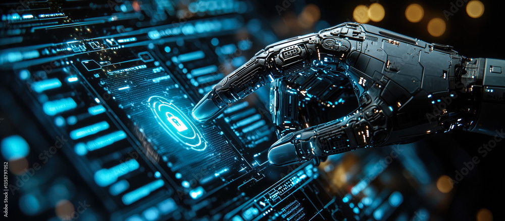 Poster a robot hand points towards a holographic display showcasing cyber security symbols. the intersectio