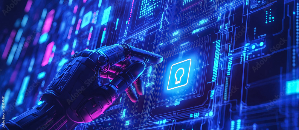 Poster a robot hand points towards a holographic display showcasing cyber security symbols. the intersectio