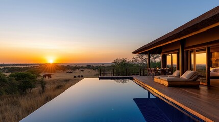 Fototapeta premium Stunning Sunset Over Infinity Pool at Luxurious Safari Lodge Surrounded by African Wildlife in Serene Landscape