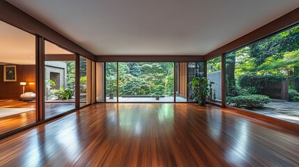 Obraz premium Spacious living room with sleek wood flooring natural light flooding through floor-to-ceiling glass doors lush greenery visible outside. 