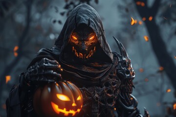 grim reaper in the dark Spooky church with Halloween pumpkin