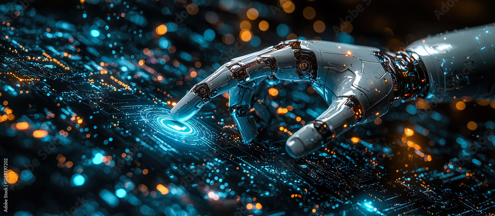 Poster a robot hand points towards a holographic display showcasing cyber security symbols. the intersectio