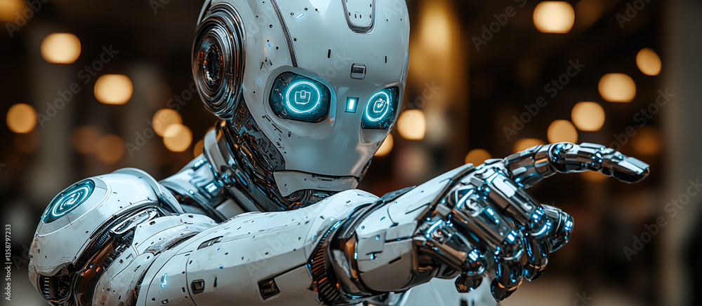 Poster a robot hand points towards a holographic display showcasing cyber security symbols. the intersectio