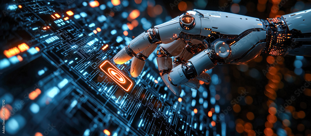 Poster a robot hand points towards a holographic display showcasing cyber security symbols. the intersectio