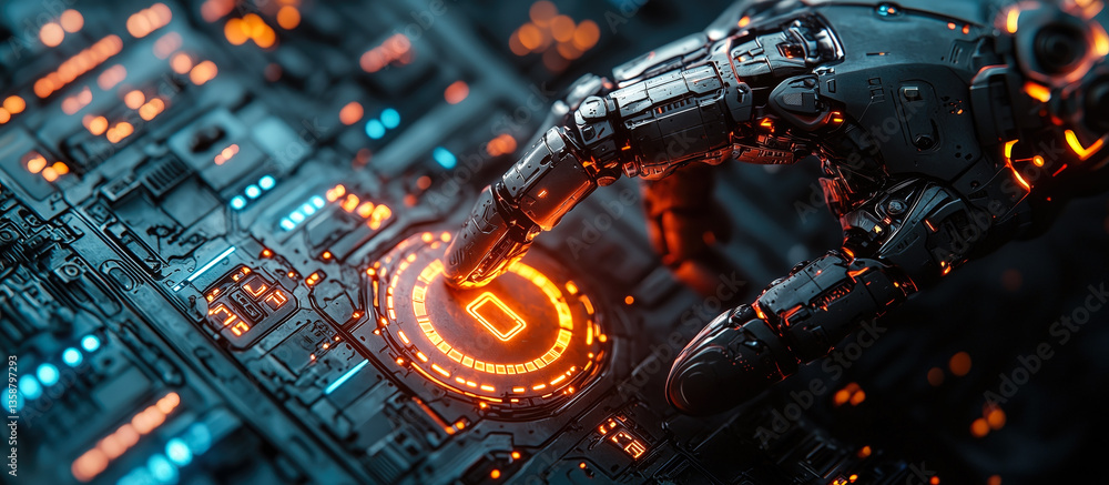 Poster a robot hand points towards a holographic display showcasing cyber security symbols. the intersectio