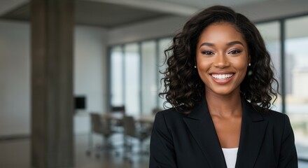 Smiling African American businesswoman in a black suit, confidently standing in a modern office environment.
