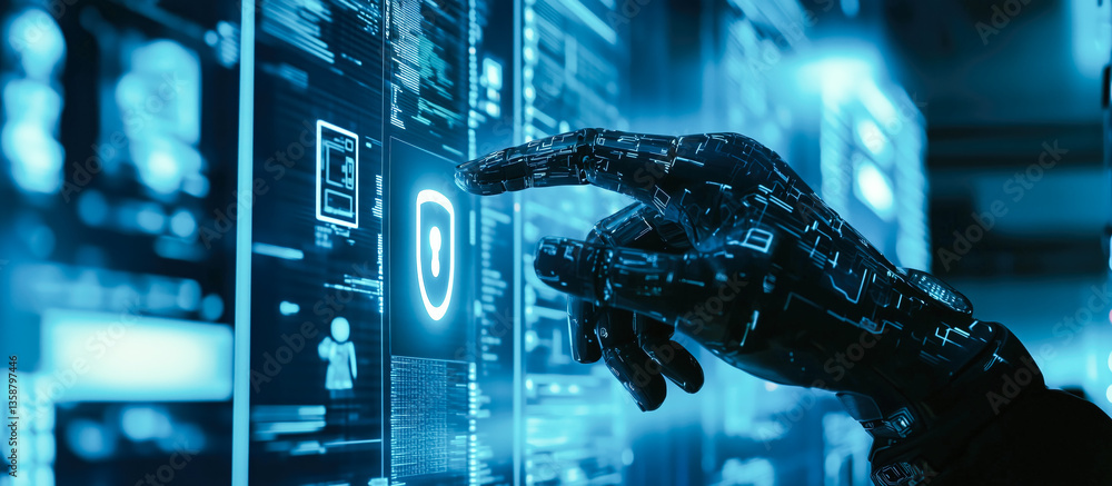 Poster a robot hand points towards a holographic display showcasing cyber security symbols. the intersectio
