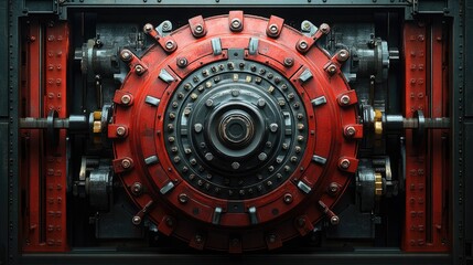 A precision industrial motor is spotlighted, meticulously arranged on a bold black and red backdrop, capturing the essence of high-performance machinery.