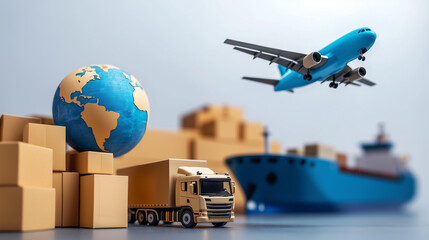 Global logistics and freight transportation concept with cargo truck, airplane, shipping container, and packages around a globe.  