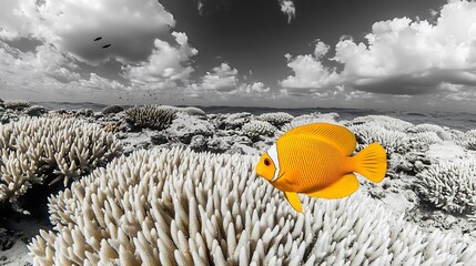 School of colorful fish swimming in a coral reef selective color emphasizing a single vibrant fish