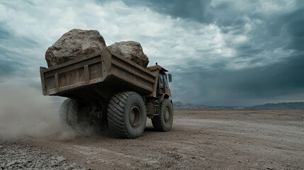 Obraz premium Heavy Dump Truck Transporting Large Rocks Across Dusty Terrain Under Dramatic Sky