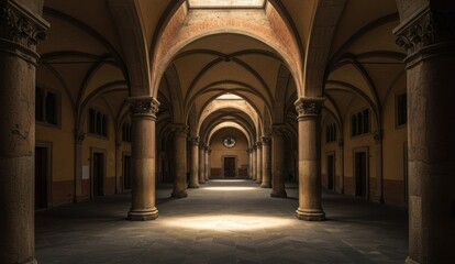 Arched hallway with stone columns and pattern symmetry, bathed in sunlight,