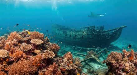 Underwater Shipwreck Scene Vibrant Coral Reef Diverse Fish and Manta Ray