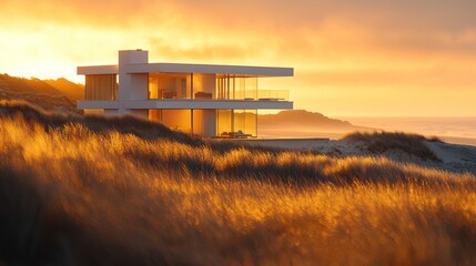 Fototapeta premium Modern beachfront home at sunset