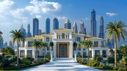 Stylish mid-rise apartment building in Dubai combining white marble and gold details surrounded by palm trees and vibrant cityscapes. 