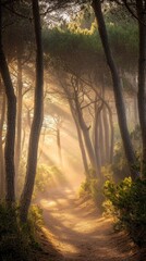 Fototapeta premium A dense pine forest with tall trees nature sunlight woodland.