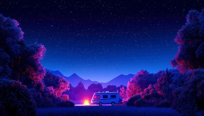 Naklejka premium Recreational vehicle camping under stars in nature, trees, mountains at twilight