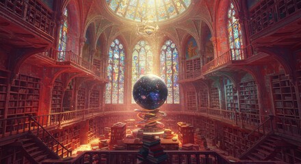 Obraz premium Mystical Cosmic Globe in Grand Gothic Library Ancient Bookshelves Stained Glass Windows