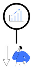 Man thinking while analyzing upward growth chart under magnifying glass with a large downward arrow. Ideal for analysis, decision-making, strategy, research, problems, challenges, flat simple