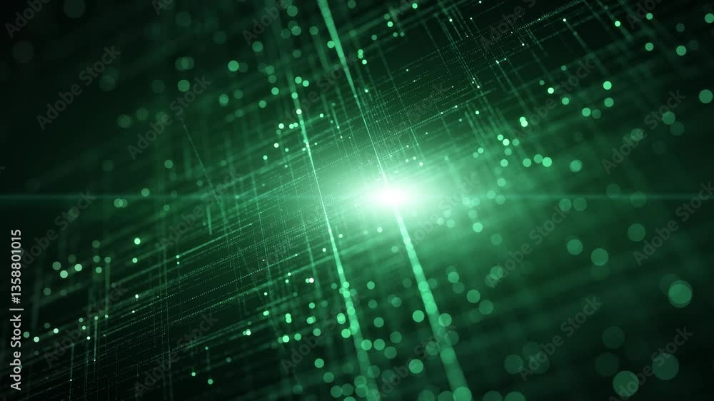 Poster looped green digital technology lines dots network animation. futuristic shiny copy space background