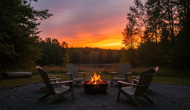 Cozy fire pit with chairs at sunset, Relaxing outdoor gathering,