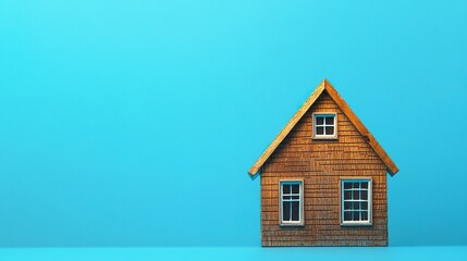 Tiny handcrafted house with a shingled roof and small windows against a vivid blue backdrop minimalist and charming.  