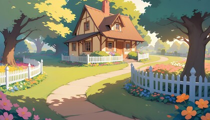 Charming Cottage in a Sunny Garden Path Pixel Art Illustration