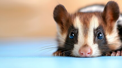 Cute Ferret Face Close Up with Big Eyes on a Blue Surface