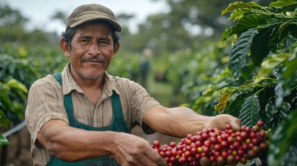 Coffee farmer smiling while holding freshly harvested coffee cherries in lush green plantation during bright day, showcasing dedication and hard work in agriculture