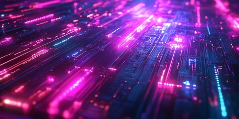 Fototapeta premium Futuristic Circuit Board with Glowing Neon Lines and Data Flow