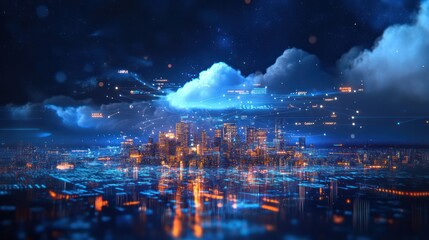 Obraz premium Futuristic city at night under a digital cloud, possible use for technology concept