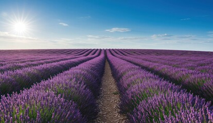 Fototapeta premium Lavender field with rows of purple flowers under a clear blue sky,